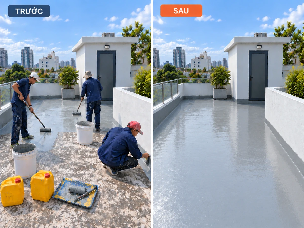 Sân thượng trước và sau khi hoàn thiện chống thấm