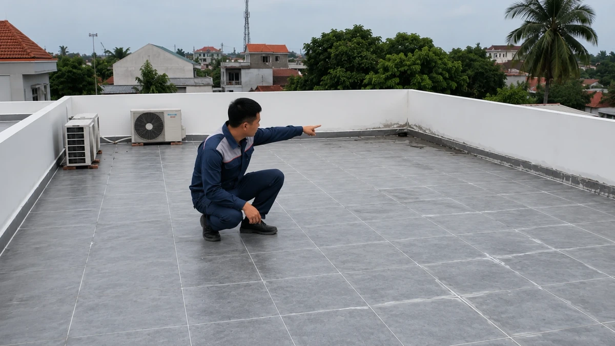 Kỹ thuật viên SunoFix khảo sát hiện trạng sân thượng
